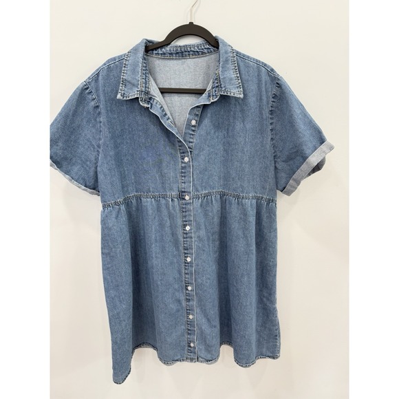 The Unbranded Brand Dresses & Skirts - Denim Babydoll Dress 2XL Oversized Button Front Cotton Short Sleeve Casual Boho